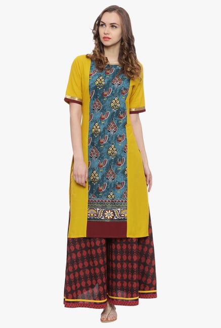 Avaana Mustard & Teal Printed Cambric Cotton Kurta Avaana Mustard & Teal Printed Cambric Cotton Kurta