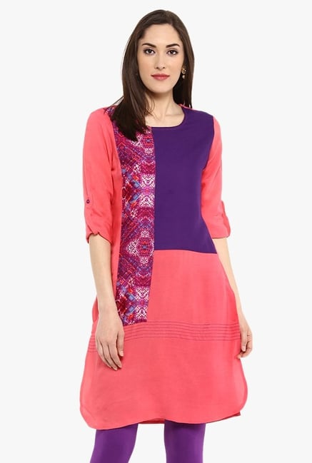 Avaana Peach & Purple Printed Rayon Kurta Avaana Peach & Purple Printed Rayon Kurta