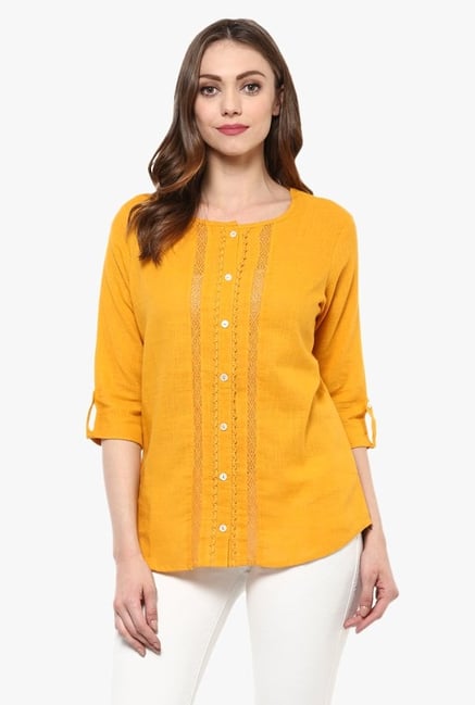 Avaana Yellow Solid Cotton Slub Kurti Avaana Yellow Solid Cotton Slub Kurti