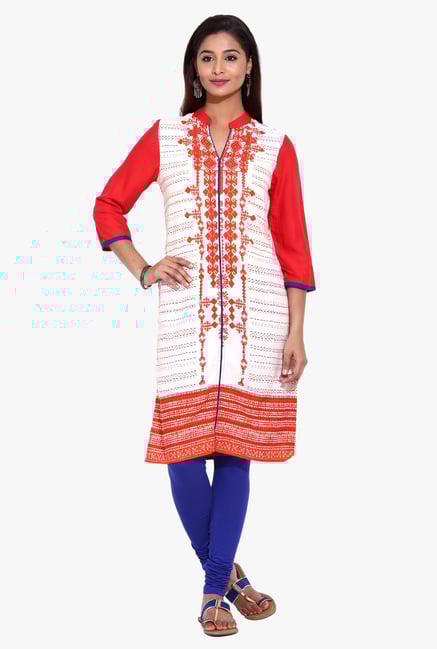 Evam Orange & White Printed Rayon Kurta Evam Orange & White Printed Rayon Kurta