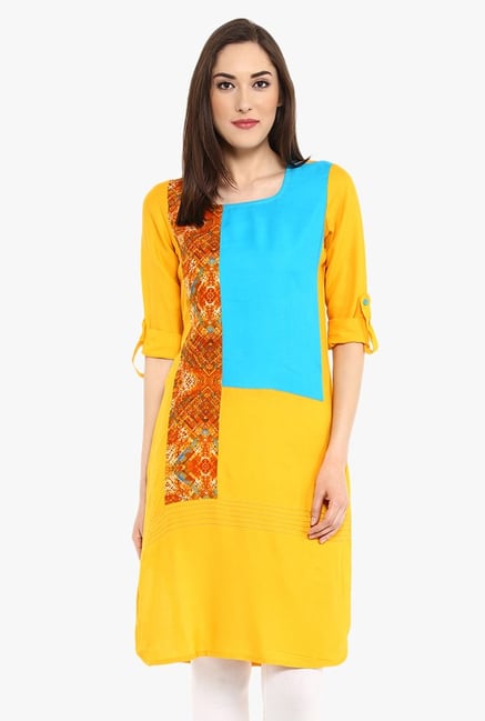 Avaana Yellow Printed Rayon Kurta Avaana Yellow Printed Rayon Kurta
