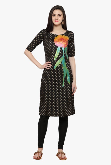 Ahalyaa Black Printed Poly Silk Kurta Ahalyaa Black Printed Poly Silk Kurta