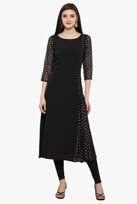 Ahalyaa Black Printed Crepe Flared A-line Kurta Ahalyaa Black Printed Crepe Flared A-line Kurta