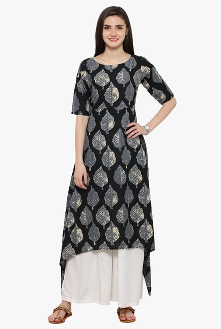 Ahalyaa Black Printed Cotton A-line Kurta Ahalyaa Black Printed Cotton A-line Kurta