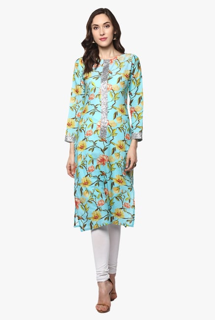 Ahalyaa Sky Blue Floral Print Cotton Kurta Ahalyaa Sky Blue Floral Print Cotton Kurta