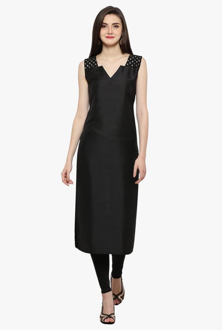 Ahalyaa Black Textured Poly Silk Kurta Ahalyaa Black Textured Poly Silk Kurta