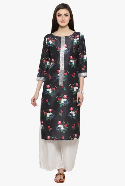Ahalyaa Black Floral Print Poly Silk Kurta Ahalyaa Black Floral Print Poly Silk Kurta