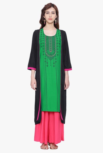 Avaana Black & Green Printed Cotton Cambric Gilet Avaana Black & Green Printed Cotton Cambric Gilet
