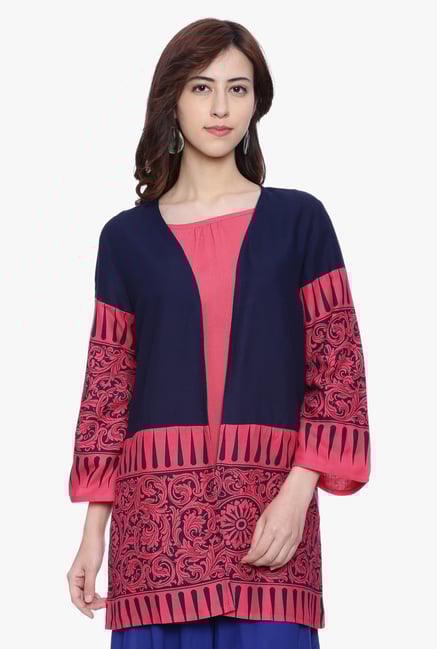 Evam Navy & Pink Printed Rayon Gilet Evam Navy & Pink Printed Rayon Gilet