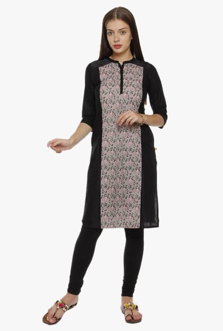 Aurelia Peach & Black Floral Print Cotton Kurta Aurelia Peach & Black Floral Print Cotton Kurta