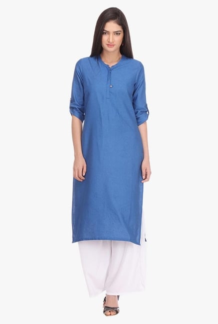 Aurelia Blue Band Neck Cotton Kurta Aurelia Blue Band Neck Cotton Kurta