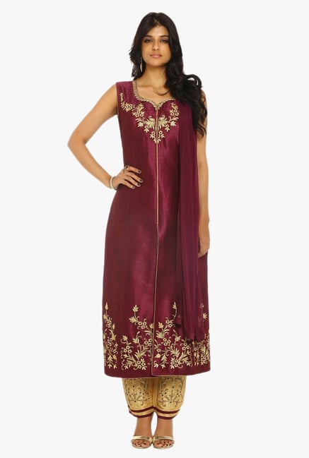 Soch Wine & Gold Embroidered Raw Silk Suit Set Soch Wine & Gold Embroidered Raw Silk Suit Set