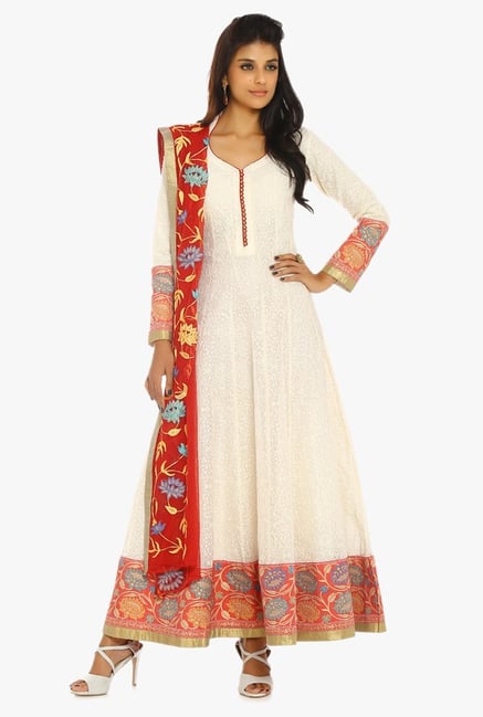 Soch Off White & Red Embroidered Chanderi Suit Set Soch Off White & Red Embroidered Chanderi Suit Set