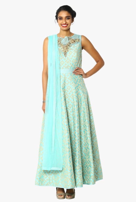 Soch Green & Beige Embroidered Chanderi Anarkali Suit Set Soch Green & Beige Embroidered Chanderi Anarkali Suit Set