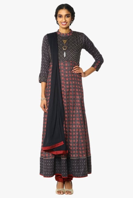 Soch Grey & Maroon Printed Cotton Anarkali Suit Set Soch Grey & Maroon Printed Cotton Anarkali Suit Set