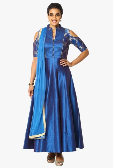 Soch Blue Printed Chanderi A Line Anarkali Suit Set Soch Blue Printed Chanderi A Line Anarkali Suit Set