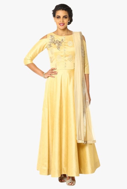 Soch Beige Embroidered Chanderi A Line Anarkali Suit Set Soch Beige Embroidered Chanderi A Line Anarkali Suit Set