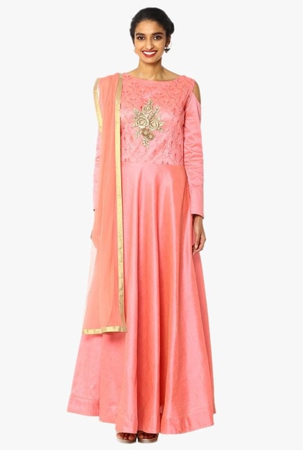 Soch Peach Embroidered Chanderi A Line Anarkali Suit Set Soch Peach Embroidered Chanderi A Line Anarkali Suit Set