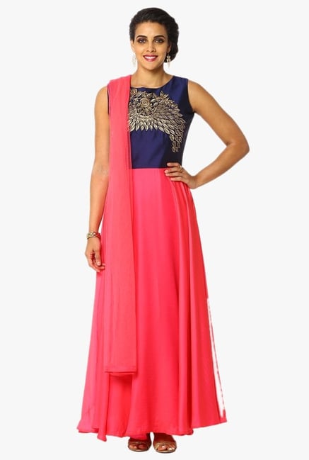 Soch Navy & Pink Embroidered Silk A Line Anarkali Suit Set Soch Navy & Pink Embroidered Silk A Line Anarkali Suit Set