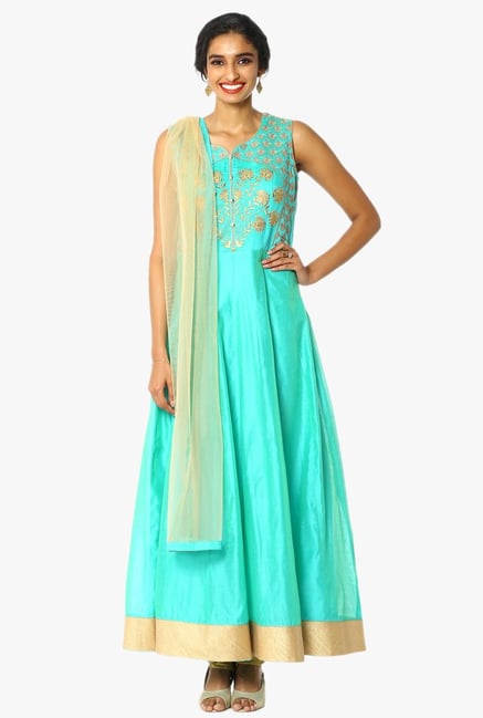 Soch Green & Gold Chanderi A Line Anarkali Suit Set Soch Green & Gold Chanderi A Line Anarkali Suit Set
