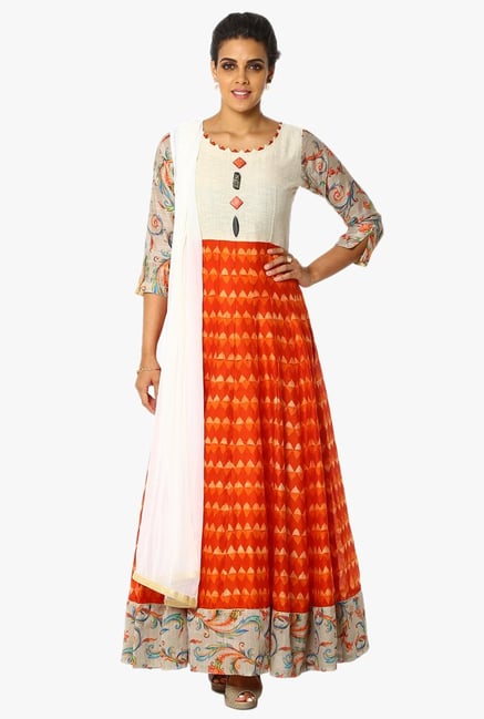 Soch Beige & Orange Printed Chanderi Anarkali Suit Set Soch Beige & Orange Printed Chanderi Anarkali Suit Set