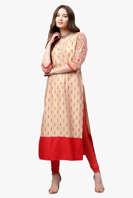 Libas Beige & Red Printed Rayon Straight Kurta Libas Beige & Red Printed Rayon Straight Kurta