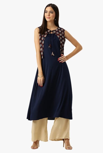 Libas Navy Printed Polyester Kurta Libas Navy Printed Polyester Kurta