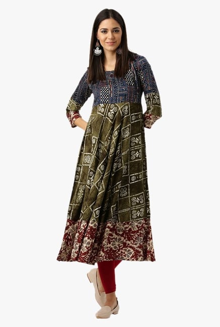 Libas Olive Printed Rayon Kurta Libas Olive Printed Rayon Kurta
