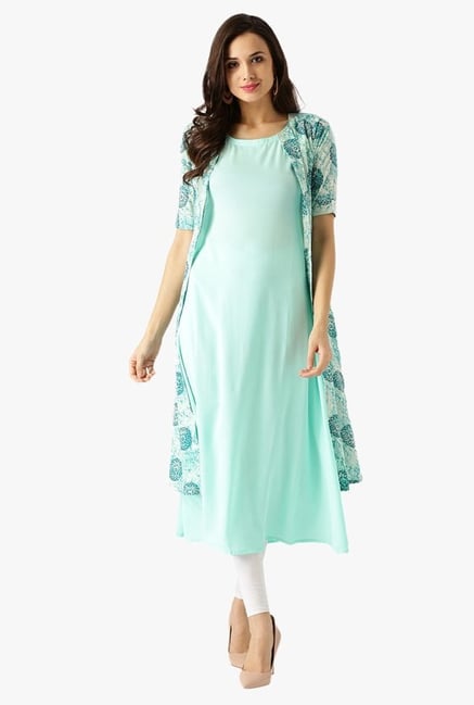 Libas Turquoise Printed Polyester Kurta With Jacket Libas Turquoise Printed Polyester Kurta With Jacket