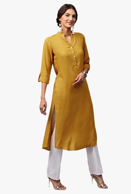 Libas Mustard Regular Fit Rayon Straight Kurta Libas Mustard Regular Fit Rayon Straight Kurta