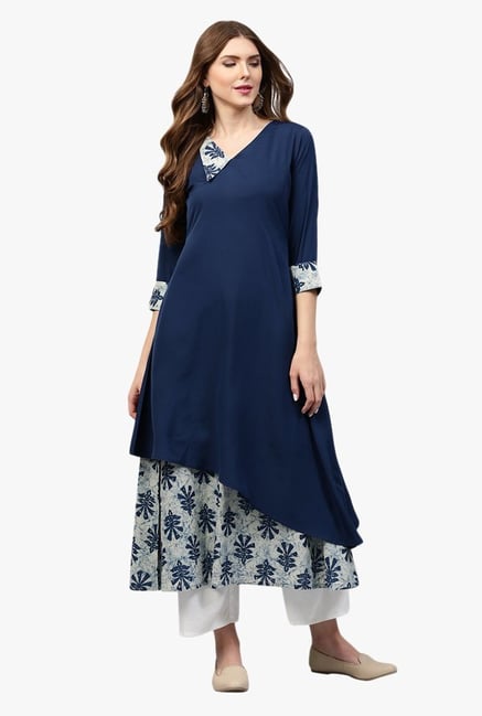 Libas Navy Printed Polyester Kurta Libas Navy Printed Polyester Kurta