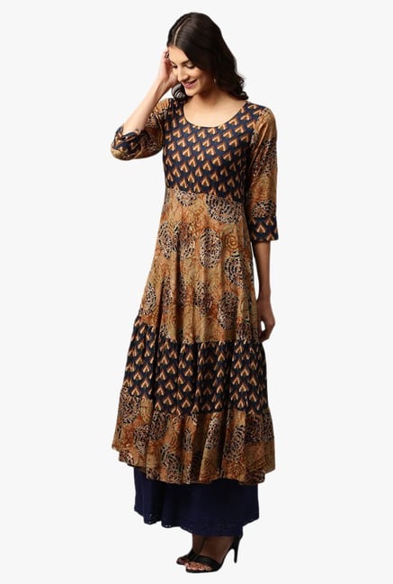 Libas Brown & Navy Printed Rayon Anarkali Kurta Libas Brown & Navy Printed Rayon Anarkali Kurta