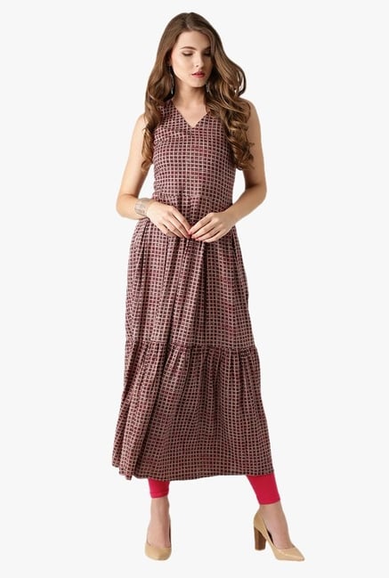 Libas Beige & Brown Checks Rayon Kurta Libas Beige & Brown Checks Rayon Kurta