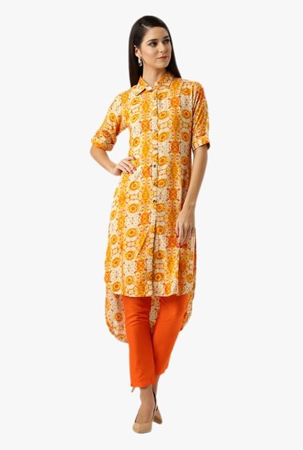 Libas Yellow Printed Rayon Kurta Libas Yellow Printed Rayon Kurta