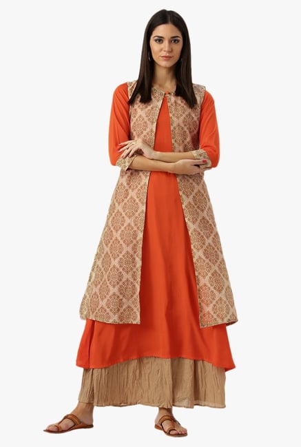 Libas Orange & Beige Printed Cotton Kurta Libas Orange & Beige Printed Cotton Kurta