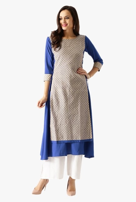 Libas Beige & Blue Printed Polyester Kurta Libas Beige & Blue Printed Polyester Kurta