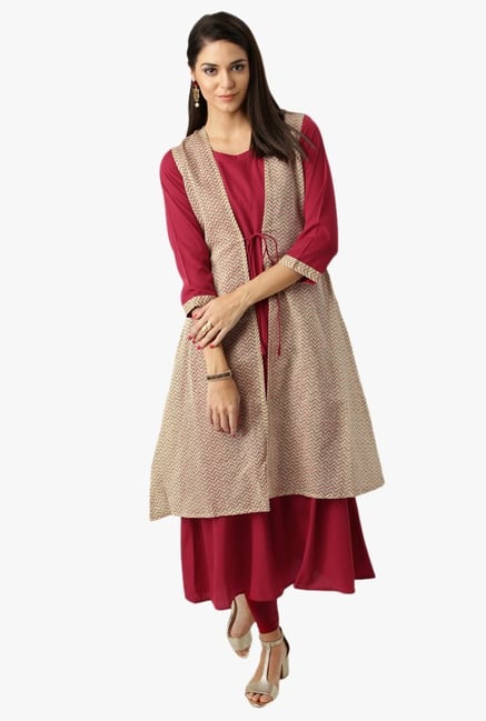 Libas Maroon & Beige Printed Cotton Kurta Libas Maroon & Beige Printed Cotton Kurta