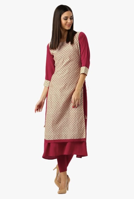 Libas Beige & Maroon Printed Cotton Kurta Libas Beige & Maroon Printed Cotton Kurta