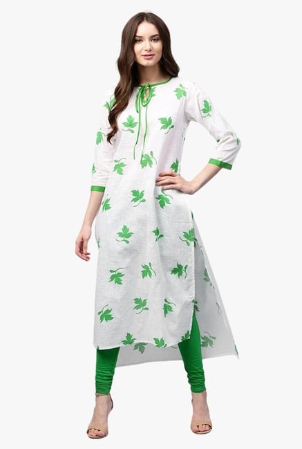 Libas White & Green Printed Cotton Straight Kurta Libas White & Green Printed Cotton Straight Kurta