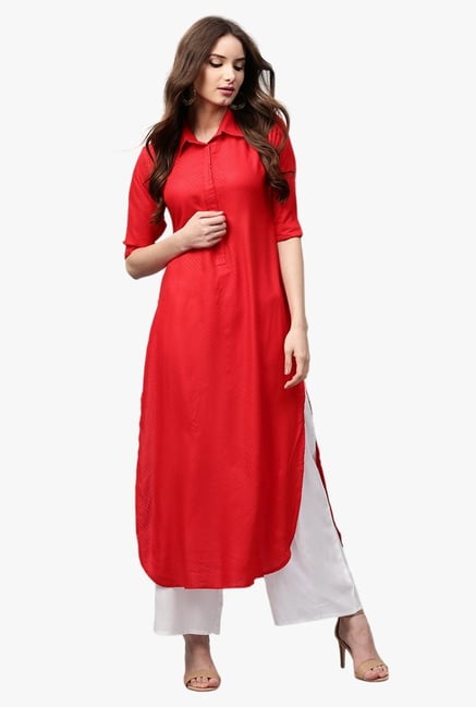 Libas Red Textured Rayon Pathani Kurta Libas Red Textured Rayon Pathani Kurta
