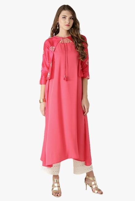 Libas Pink Printed Polyester Kurta With Jacket Libas Pink Printed Polyester Kurta With Jacket