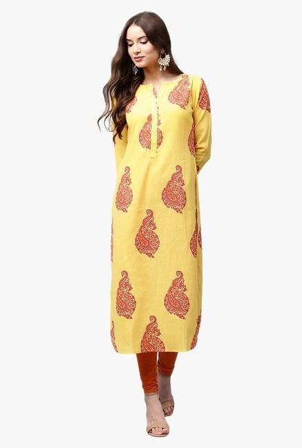 Libas Yellow Printed Cotton Pathani Kurta Libas Yellow Printed Cotton Pathani Kurta