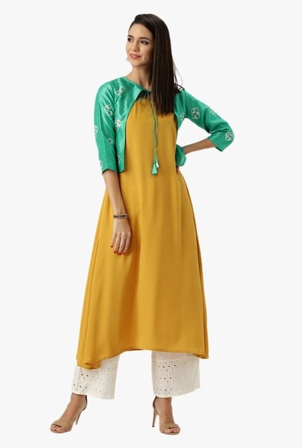 Libas Mustard & Green Printed Polyester Kurta With Jacket Libas Mustard & Green Printed Polyester Kurta With Jacket