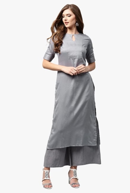 Libas Grey Regular Fit Cotton Straight Kurta Libas Grey Regular Fit Cotton Straight Kurta