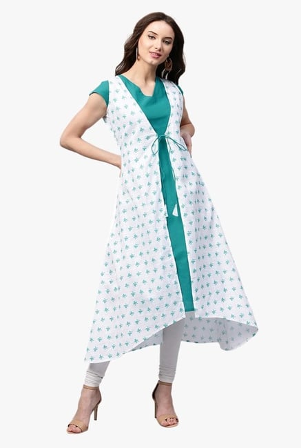Libas White & Teal Floral Print Cotton A-Line Kurta Libas White & Teal Floral Print Cotton A-Line Kurta