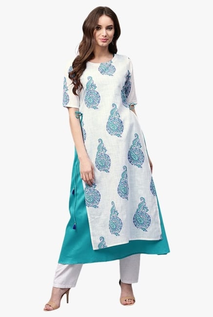 Libas White & Teal Printed Cotton A-Line Kurta Libas White & Teal Printed Cotton A-Line Kurta