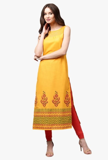 Libas Mustard Printed Cotton Straight Kurta Libas Mustard Printed Cotton Straight Kurta