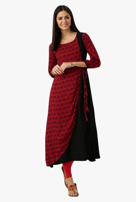 Libas Red & Black Floral Print Rayon Kurta Libas Red & Black Floral Print Rayon Kurta