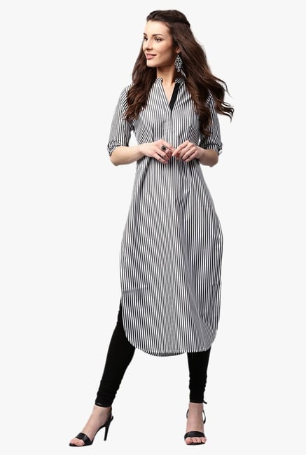 Libas Black & White Striped Cotton Pathani Kurta Libas Black & White Striped Cotton Pathani Kurta