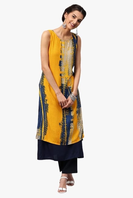 Libas Yellow & Navy Printed Rayon Kurta Libas Yellow & Navy Printed Rayon Kurta